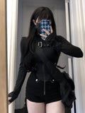 Purpdrank 2025 Summer New Slim Fit Zipper Long Sleeve Black Tops Women+ Drawstring Ruched High Waist Shorts Y2k E-Girl Two Piece Sets