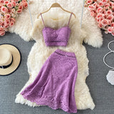 Purpdrank Summer Elegant Casual Fashion Skirts Suit Women Hallow Out Sleeveless Tanks Tops A-Line Saya Two Pieces Set Female Outfits