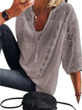 Purpdrank - Women's blouse 2023 Spring/Summer Cotton Lace Shirt Spliced U Neck 3/4 Sleeve Top Women's Solid Loose Blouse