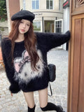 Purpdrank Cartoon Cat O-neck Lazy Sweaters Mujer 2025 Autumn Sweet Pink Knitted Pullover Y2k E-Girl Waterproof Mink Tops Women