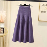 Purpdrank Women Autumn Winter Loose A-Line Midi Skirt Casual Elegant Office Lady Skirt Trendy All-Match Basic Skirt Solid Pleat Knit Skirt