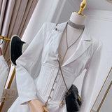 2024 New Fashion Runway All Season Women Notched Long Sleeve Coat Metal Button Waist Shaping Black White Corset Blazer