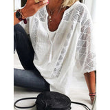 Purpdrank - Women's blouse 2023 Spring/Summer Cotton Lace Shirt Spliced U Neck 3/4 Sleeve Top Women's Solid Loose Blouse