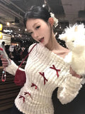 Purpdrank Bow Off Shoulder White Knitted Sweater for Women 2025 Early Autumn New Bottoming Tops Mujer Y2k Long Sleeved Pullovers T Shirts