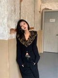 Purpdrank American V-neck Leopard Print Fur Collar Cardigan Autumn Winter New Sweaters Coat Women Y2k Slim Fit Long Sleeve Tops Mujer