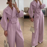 Purpdrank - Women Woolen Coats Two Piece Suit Autumn Winter Lantern Long Sleeve Coat Female Set Wide Leg Pants Elegant Office Lady Sets