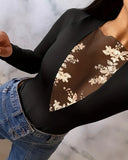 Purpdrank Woman Sexy Floral Sequin Sheer Mesh Patch Bodysuit New Female Casual Clothing Night Out Women's Fashion Plunge Skinny Tops