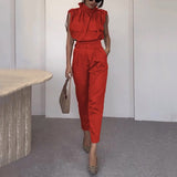 Purpdrank - Women Two Piece Sets Summer Elegant Sleeveless Solid Pants Sets Tie Neck Waist Belt Chic Office Outfit With Pocket