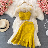 Purpdrank Summer Elegant Casual Fashion Skirts Suit Women Hallow Out Sleeveless Tanks Tops A-Line Saya Two Pieces Set Female Outfits