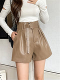 Autumn Winter Women's Faux PU Leather Shorts with Belted New High Waist Ladies Elegant Short Trousers Pocket Female