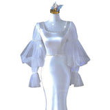 Purpdrank - Elegant Mermaid Wedding Dresses Vintage Square Collar Bridal Dress With Long Sleeves Satin Simple Suknia Slubna With Small Train