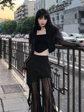 Purpdrank Korean Simple High Waist Hollow Out Black Pants+ Y2k E-Girl Slim Fit Mesh Long Sleeve Tops Women Grunge Two Piece Sets