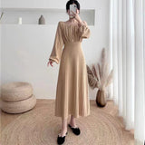 Korean Fashion O-neck Button Slim Knitted Dress Solid Color Simple Long Sleeve Long Sweater Dresses All-match Soft Dresses Women