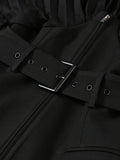 Women Black Pleated Belt Temperament Blazer New V-collarLong Sleeve Loose Fit Jacket Fashion Spring Autumn 2024