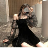 New 2022 Black Retro Dress Women Lace Chiffon Mini Dress Female High Street Sexy Korean Fashion Dress Women Club Dress