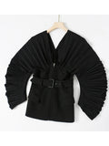 Women Black Pleated Belt Temperament Blazer New V-collarLong Sleeve Loose Fit Jacket Fashion Spring Autumn 2024