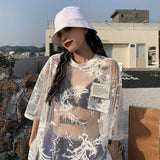 Purpdrank Japanese O-neck Oversize Tee Shirt Summer Sexy See Through Mesh Lace T-shirt Y2k E-Girl Short Sleeve Bottoming Tops Women