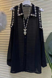 Purpdrank - Mid-Length Long Sleeve Beaded Off-Shoulder Black Chiffon Blouse Women Summer New Clothes Large Size Loose Oversized Shirt Dress