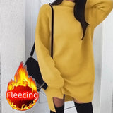 Purpdrank Fleece High Neck Side Slit Casual Long Sleeve Sweatshirt Short Dress Woman Dress Autumn Winter All-match Simple Basic Sportwear