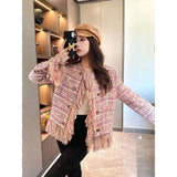 Pink Tassel Fragrant Tweed Suit Coat Female Autumn Winter New Thickened Retro Double-Breasted Women Blazers