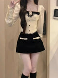 Purpdrank Elegant Sweet Square Collar Bow Long Sleeve Tops Women+ Y2k E-Girl High Waist Bodycon 2025 Spring New Skirts Two Piece Sets