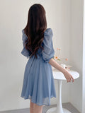 Lace Up Square Neck Dress, Elegant Half Sleeve Dress For Spring & Summer, Women's Clothing