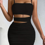 Purpdrank Trendy Y2K Inspired Solid Hollow Bodycon Cami Dress - Women's Sexy Spaghetti Dresses for Spring & Summer - Body Hugging, Mini Length, Sleeveless, V Neckline, Backless, Perfect for Outdoor Events and Casual Gathering