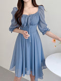 Lace Up Square Neck Dress, Elegant Half Sleeve Dress For Spring & Summer, Women's Clothing