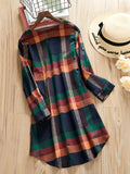 Plaid Print Chest Pocket Dress, Casual Crew Neck Long Sleeve Dress, Women's Clothing