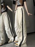 Wide Leg Cargo Pants with Zipper Pockets - High Waist, Drawstring, Color Block, Y2K Style, Comfortable Everyday Wear - Womens Fashion Clothing for Casual Occasions