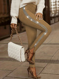 Elegant Long Skinny Pants for Women - Side Rhinestone Detail, High Elasticity, Comfort Knit for Stylish Outings