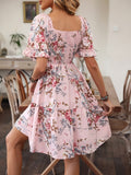 Shirred Floral Print Ruffle Hem Dress, Elegant Square Neck Short Sleeve Dress For Spring & Summer, Women's Clothing