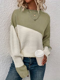 Color Block Crew Neck Sweater, Drop Shoulder Elegant Long Sleeve Sweater For Fall & Winter, Women's Clothing