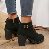 Women's Chunky Heeled Ankle Boots, Solid Color Lace Up & Side Zipper Boots, Retro High Heeled Short Boots