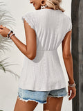 Purpdrank [Cutout Jacquard Eyelet T-Shirt] Solid Eyelet Cutout Jacquard T-Shirt, Elegant Cap Sleeve Cinched Waist V Neck T-Shirt For Spring & Summer, Women's Clothing