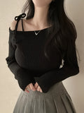 Elegant Y2K Style Off-the-Shoulder Sweater with Drawstring Shoulder Straps, Long Sleeve, H-Fit, Knitted Polyester, Casual Solid Color Pullover Sweater for Women - Spring/Fall Collection