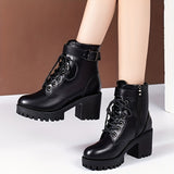 Purpdrank Women's Fashion Chunky Heel Ankle Boots With Belt Buckle And Side Zipper, Lace-up High-Heeled Platform Booties