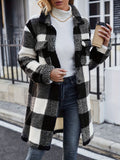 Purpdrank Plaid Pattern Mid Length Coat, Casual Button Front Long Sleeve Outerwear, Women's Clothing