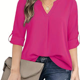 Purpdrank Chic Solid V-Neck Blouse - Fashionable simplicity for Women - Relaxed Casual Long Sleeve Style