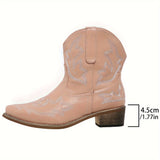 Women's V-cut Western Short Boots, Low Chunky Heel Pointed Toe Shoes, Solid Color Cowgirl Shoes