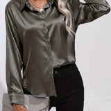 Purpdrank Elegant All-Season Shirt for Women - Long Sleeve, Solid Color, Easy-Care Polyester Blouse with Classic Turn-Down Collar