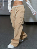 Womens Trendy Split Wide Leg Cargo Pants - Flap Pockets, Drawstring Waist, Casual Style for Spring & Summer