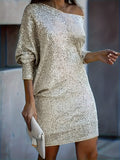 Elegant Apricot Sequin V-Neck Dress - Long Sleeve, Loose Fit for Women | Perfect for Spring/Fall