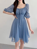 Lace Up Square Neck Dress, Elegant Half Sleeve Dress For Spring & Summer, Women's Clothing