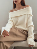 Long Sleeve Off Shoulder Solid Color Elegant Sweater for Fall & Winter, Women's Clothing