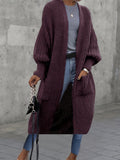 Purpdrank Plus Size Elegant Lantern Long Sleeve Knitted Longline Cardigan - Soft, Cozy, Open Front Design with Solid Pocket - Women's Plus Size Clothing for Winter and Fall Seasons