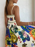 Graffiti Print Square Neck Dress, Casual Backless Spaghetti Strap High Waist Cami Dress, Women's Clothing