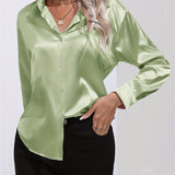 Purpdrank Elegant All-Season Shirt for Women - Long Sleeve, Solid Color, Easy-Care Polyester Blouse with Classic Turn-Down Collar