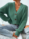 Single-Breasted Solid Color Long Sleeve Cardigan, Casual V Neck For Fall & Winter, Women's Clothing