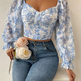 Purpdrank Long Sleeve Floral Print Single Breasted Blouse for Spring & Fall, Elegant Sweetheart Neck Women's Clothing